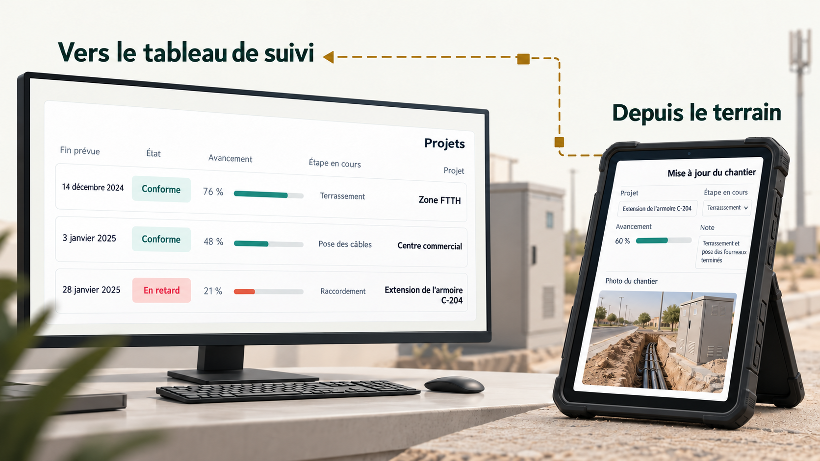 Du chantier au tableau de suivi, après envoi et synchronisation.